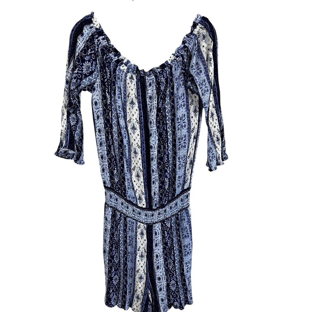 Colorful Off Shoulder Floral Romper Blue S Stripe Boho Indie Folk Festival Artsy